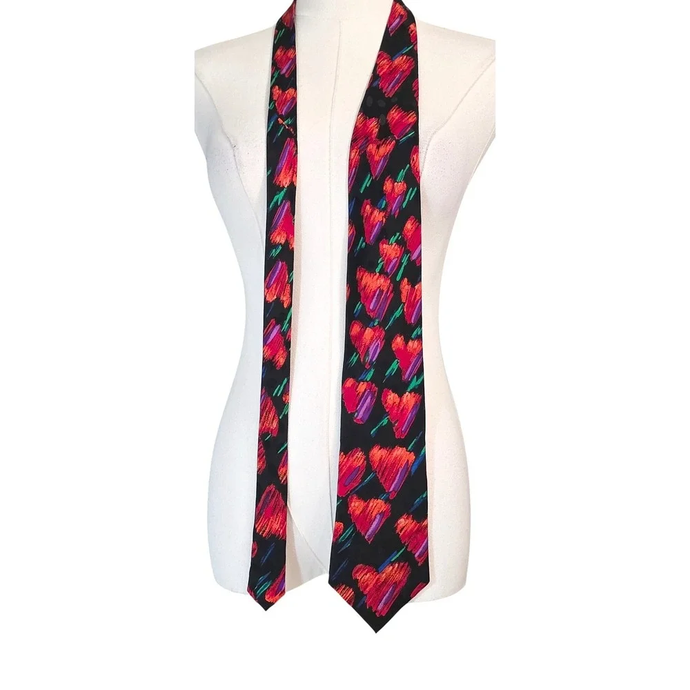 Addiction Silk Necktie Mens OS Black Red Abstract Heart Print Excellent Handmade
